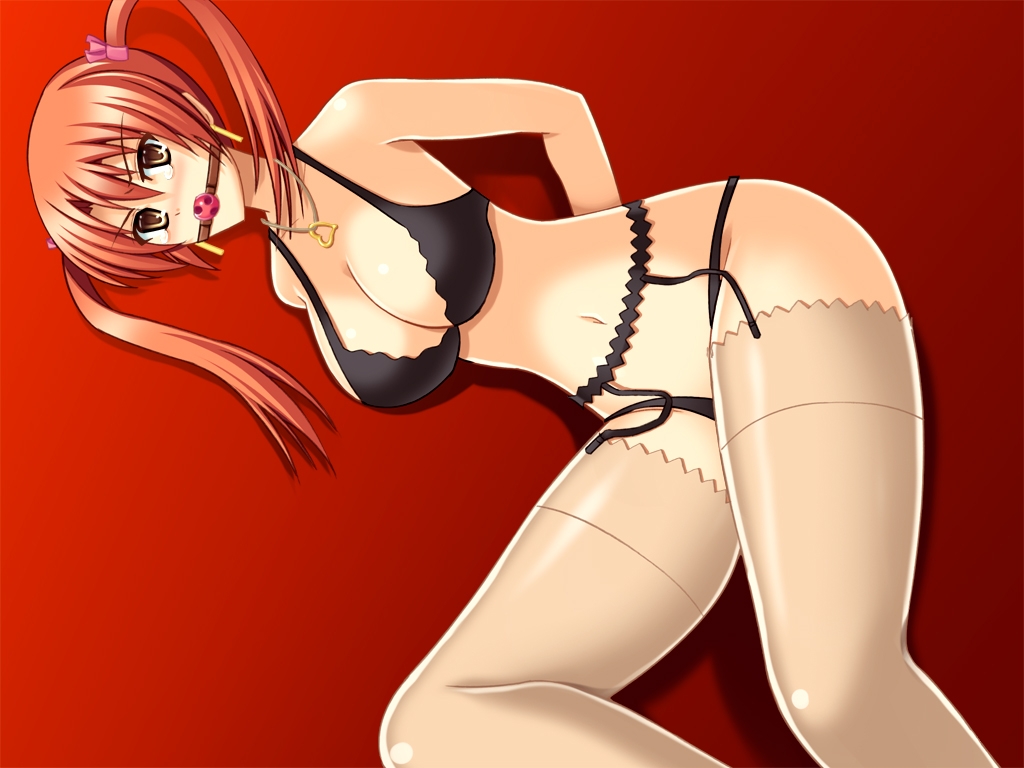 1girl angry arms_behind_back ball_gag bare_shoulders blush bra breasts brown_eyes brown_hair character_request cleavage collar gag garter_straps highres large_breasts legs lingerie long_hair looking_at_viewer lying navel nightmare_express on_side orange_hair panties pantyhose red_background simple_background solo source_request tears thighhighs thighs twintails underwear