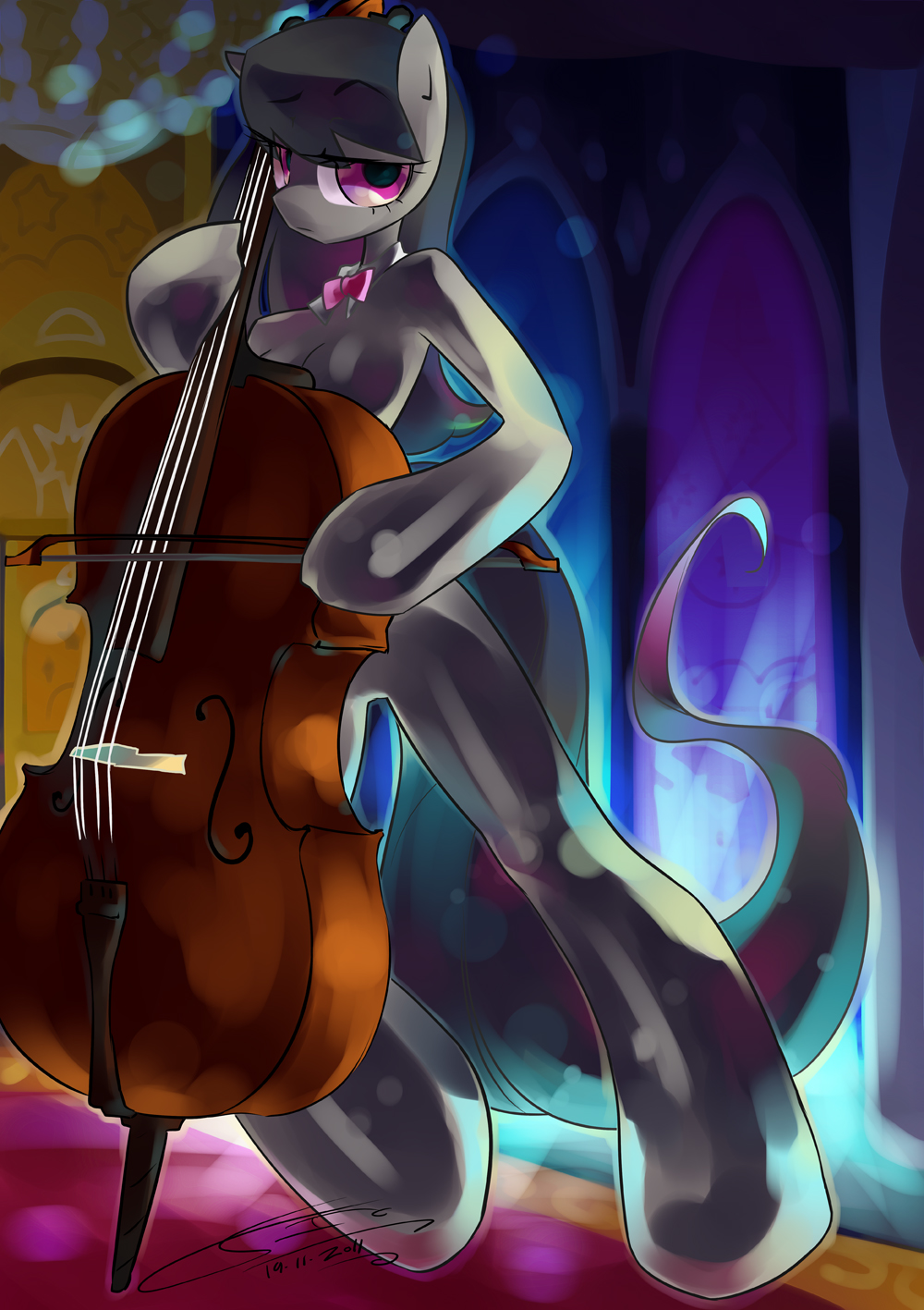 anthro anthrofied black_hair bow_(stringed_instrument) bow_tie cello equine female friendship_is_magic hair horse iopichio long_hair mammal music musical_instrument my_little_pony octavia_(mlp) pony purple_eyes solo tail
