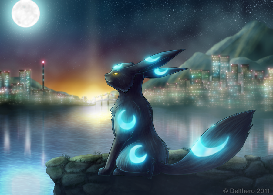 city delthero gen_2_pokemon lake moon no_humans pokemon pokemon_(creature) star umbreon