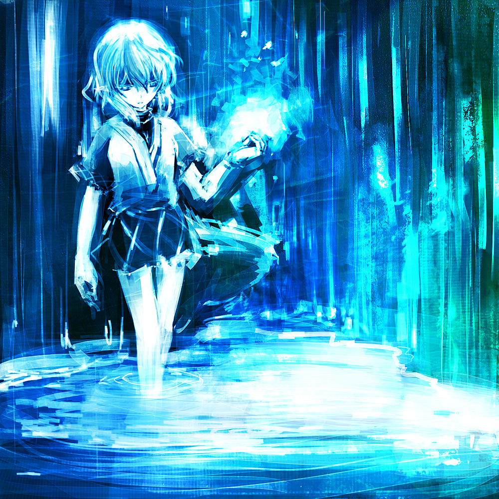 blue dress expressionless glowing mark_(heaven) mizuhashi_parsee monochrome pointy_ears skirt solo standing touhou wading water