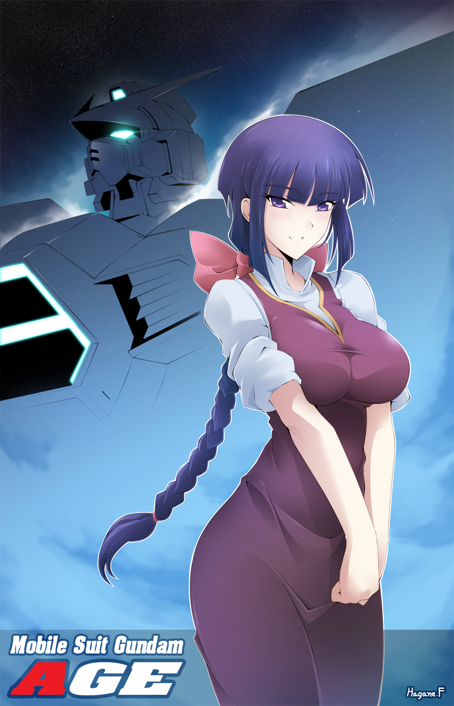 bow braid breasts gundam gundam_age gundam_age-1 haganef hair_bow highres large_breasts long_hair mecha older ponytail purple_eyes purple_hair shirt signature single_braid sky sleeves_rolled_up smile solo_focus star_(sky) starry_sky taut_clothes taut_shirt text_focus v_arms yurin_leciel
