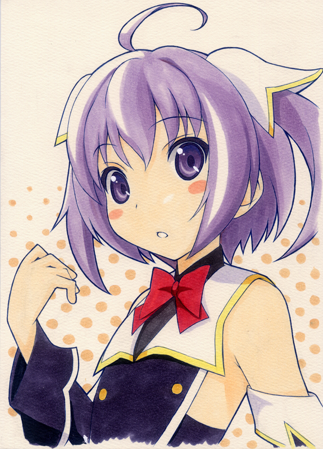 :o ahoge bare_shoulders blush_stickers bow bowtie commentary_request hair_ornament halftone halftone_background looking_at_viewer marker_(medium) millipen_(medium) myu_(quiz_magic_academy) purple_hair quiz_magic_academy shirohebidou short_hair solo traditional_media two_side_up upper_body