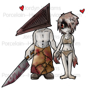 &hearts; barefoot blood clothed clothing couple crossover duo female hand_holding jordyn_williams knife left_4_dead_(series) male navel plain_background pyramid_head red_eyes silent_hill silent_hill_2 skimpy topless undead valve video_games watermark white_background witch_(left_4_dead) zombie