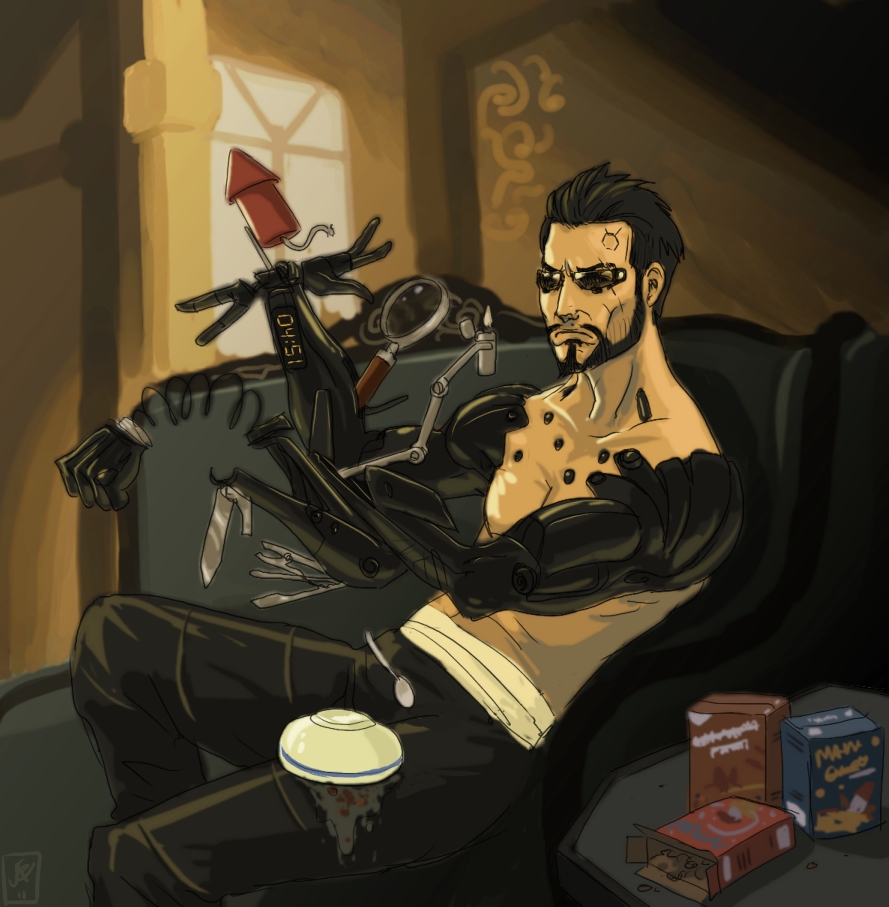 :( adam_jensen augmented bowl cereal deus_ex english_text facial_hair goatee hand jaekyu knife lighter magnifying_glass rocket room sofa spil spoon spring sunglasses tools weapon what