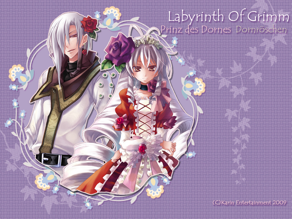 1girl artist_request belt brother_and_sister choker copyright_name dress flower formal frills hair_flower hair_ornament ibara_hime ibara_ouji long_hair official_art purple_background purple_flower purple_rose red_flower red_rose rose siblings smile suit white_hair yellow_eyes zettai_meikyuu_grimm