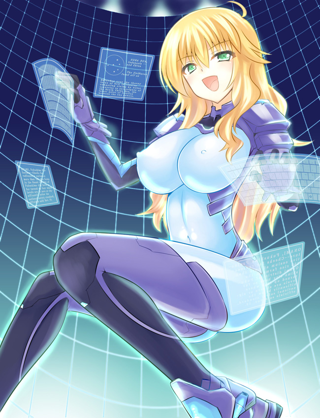 :d ahoge blonde_hair blue_bodysuit bodysuit breasts commentary_request covered_navel covered_nipples green_eyes hoshii_miki idolmaster idolmaster_(classic) impossible_clothes large_breasts long_hair open_mouth purple_legwear shima-shuu skin_tight smile solo