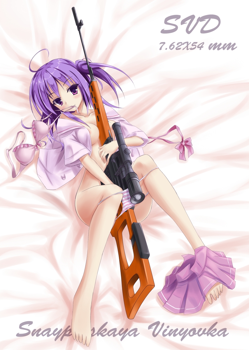 ahoge barefoot blush bra bra_removed breasts dragunov_svd gun highres lingerie long_hair lying medium_breasts mouth_hold on_back one_side_up original panties panties_around_ankles panty_pull purple_eyes purple_hair rifle sexually_suggestive sniper_rifle solo underwear violet_arthur weapon zi_se