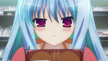 &hearts;_&hearts; :3 animated animated_gif blue_hair c&sup3;_cube_x_cursed_x_curious cracker crackers cube_x_cursed_x_curious fear_(c&sup3;_cube_x_cursed_x_curious) fear_kubrick heart heart-shaped_pupils lowres original_clip red_eyes rice_crackers screencap shifty_eyes subtitled symbol-shaped_pupils