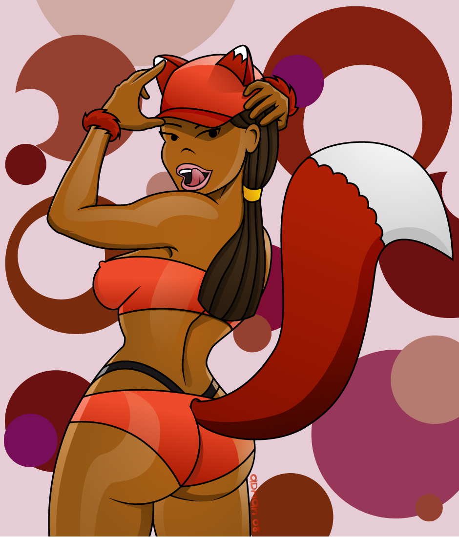 animal_ears back big_breasts big_butt breasts butt cartoon clothed clothing drawn_together female fox_ears fox_tail foxxy_love hat human licking licking_lips looking_at_viewer looking_back mammal nipples open_mouth pose seductive shorts sircle skimpy smile solo standing tail tongue tube_top