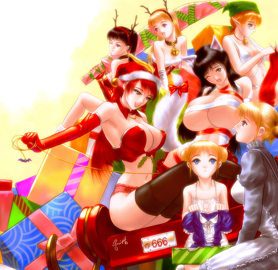 666 animal_ears antlers bare_shoulders bell bell_collar black_hair blonde_hair blue_eyes bra breasts bustier christmas cleavage collar copyright_request corset double_bun elbow_gloves gift glasses gloves huge_breasts large_breasts lingerie maid multiple_girls one_eye_closed open_mouth panties pointy_ears purple_eyes red_hair s_zenith_lee santa_costume sitting sled smile tail thighhighs underwear wince