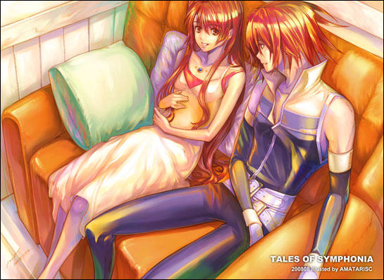 anna_irving couch couple kratos_aurion long_hair pregnant red_hair redhead short_hair sitting tales_of_(series) tales_of_symphonia