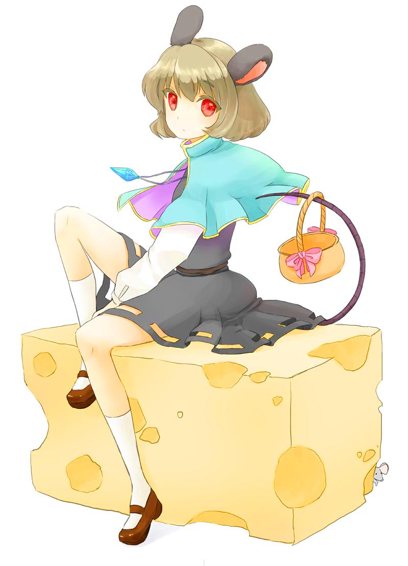 animal_ears bad_id bad_pixiv_id basket cheese chiko_(gugugu) food grey_hair jewelry mouse_ears mouse_tail nazrin pendant red_eyes short_hair solo tail touhou