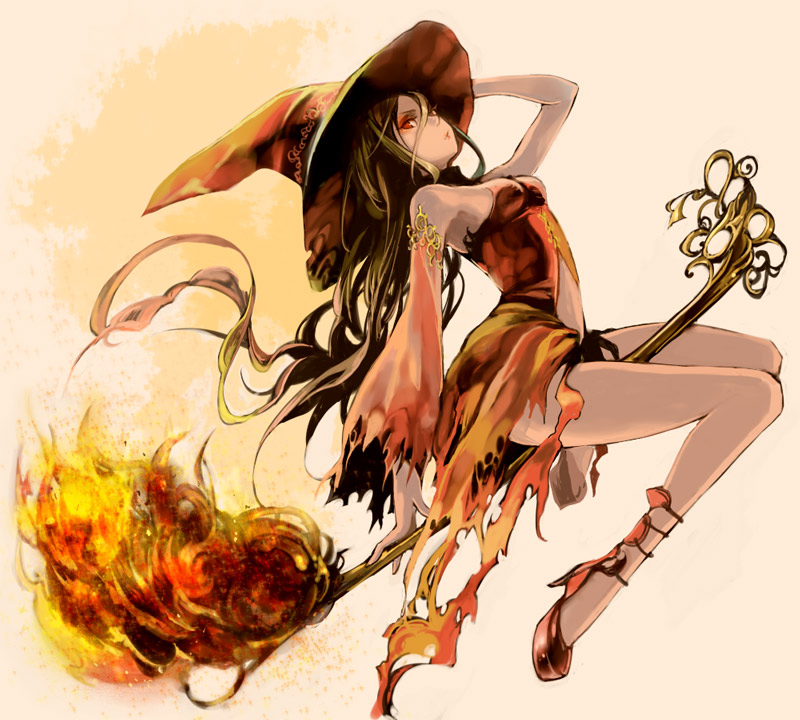 bare_legs breasts broom broom_riding brown_hair detached_sleeves dress fire hand_on_headwear hat high_heels legs long_hair navel_cutout original red_eyes red_footwear routemoc shoes small_breasts solo torn_clothes torn_dress torn_sleeves witch witch_hat