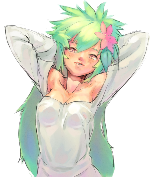 armpits arms_behind_head arms_up bare_shoulders blush collarbone face flower gen_4_pokemon green_hair hair_flower hair_ornament lips long_hair messy_hair personification pokemon s.o_chin shaymin sketch smile solo stretch upper_body very_long_hair
