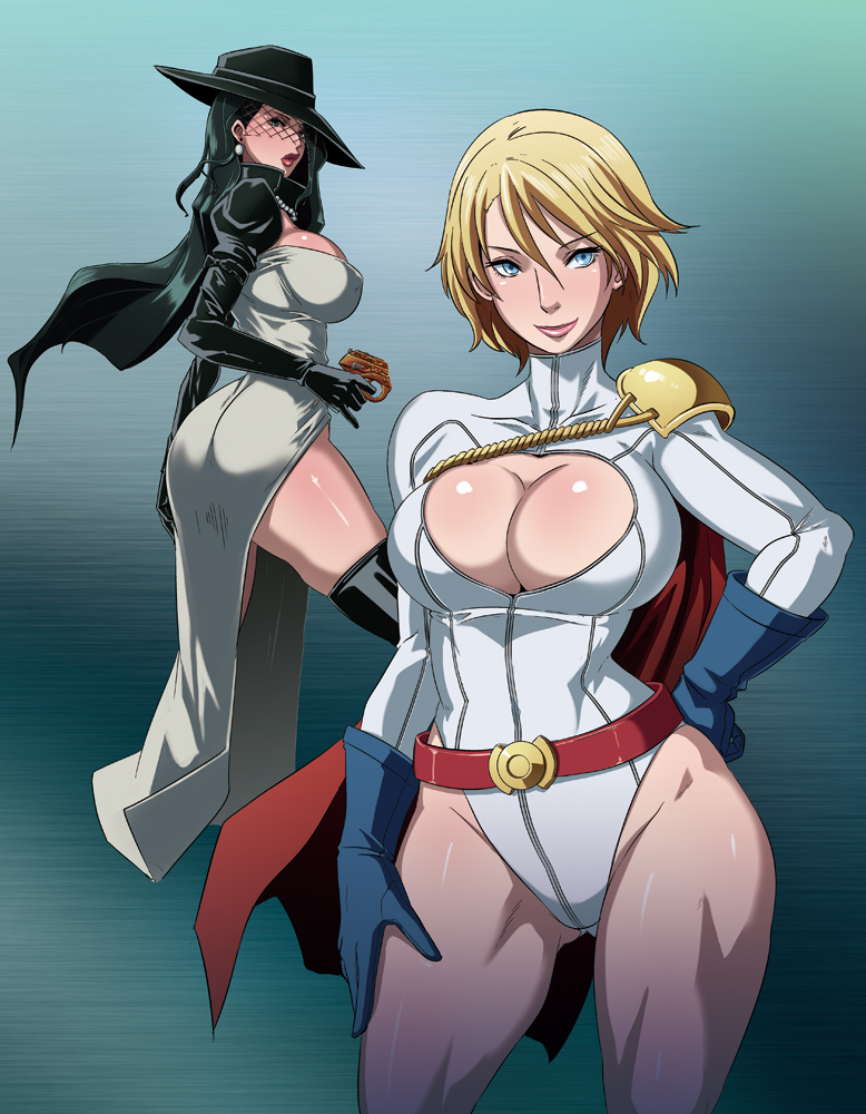 belt black_hair blonde_hair blue_eyes breasts buckle butcha-u cape cleavage dc_comics earrings gun hand_on_hip hand_on_thigh hat huge_breasts jewelry lips loose_belt madame_mirage multiple_girls necklace power_girl top_cow veil weapon