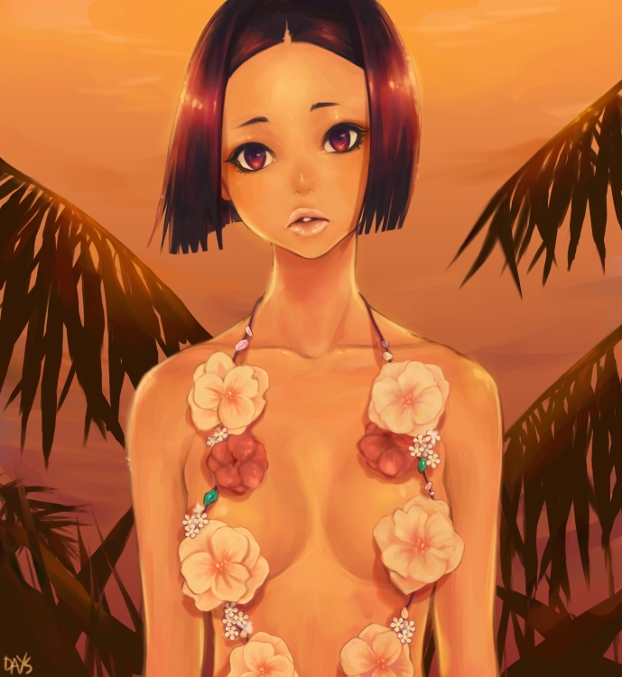 bad_id bad_pixiv_id black_hair breasts cleavage copyright_request days0047 flower lips palm_tree red_eyes small_breasts solo sunset swimsuit tree