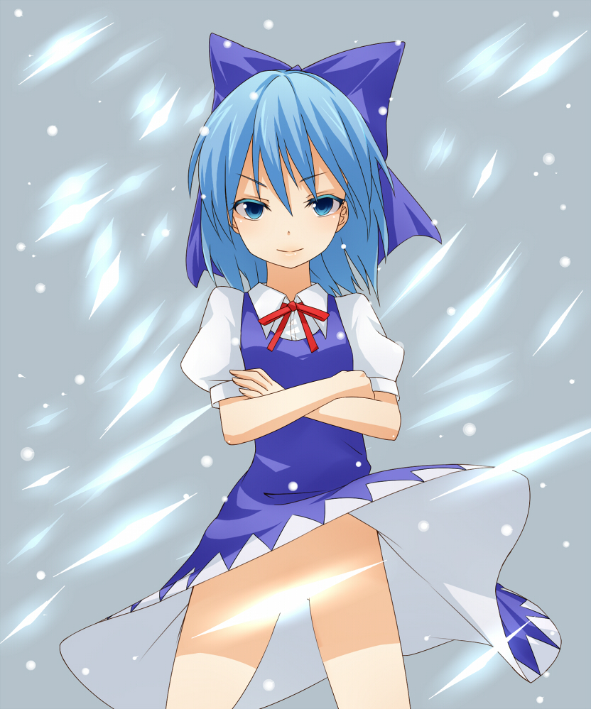 blue_eyes blue_hair bow censored cirno convenient_censoring crossed_arms dress dress_lift hair_bow looking_at_viewer miyo_(ranthath) no_panties snow solo touhou upskirt wind wind_lift