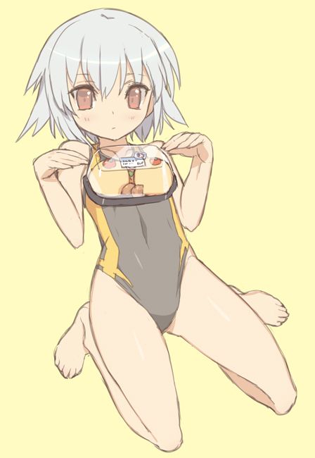 bad_id bad_pixiv_id barefoot ben-tou blade_(galaxist) blush brown_eyes competition_swimsuit full_body grey_hair hands kneeling omelet one-piece_swimsuit red_eyes sexually_suggestive short_hair simple_background solo swimsuit yarizui_sen yellow_background