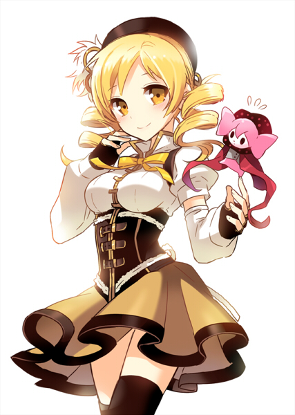 blonde_hair blush charlotte_(madoka_magica) detached_sleeves drill_hair fingerless_gloves gloves hat looking_at_viewer magical_girl mahou_shoujo_madoka_magica nardack simple_background smile solo thighhighs tomoe_mami twin_drills twintails yellow_eyes