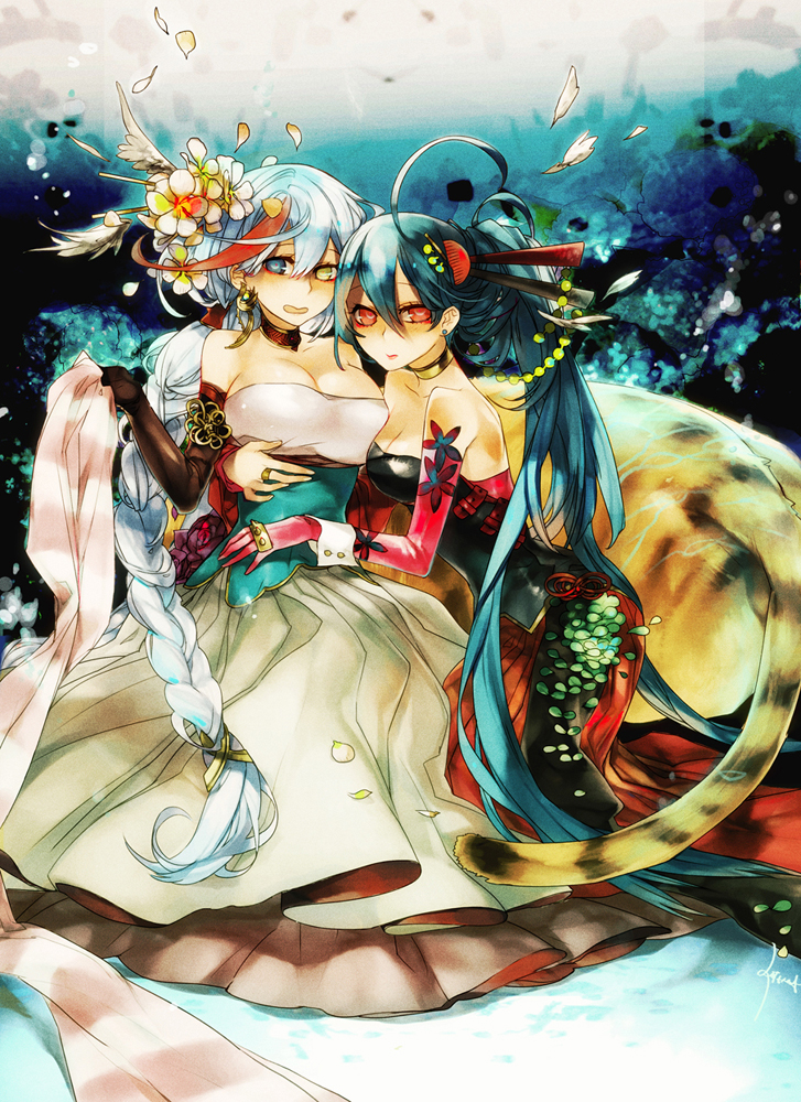 animal antenna_(draconian) aqua_hair arm_around_waist bad_id bad_pixiv_id bare_shoulders black_gloves blue_eyes blue_hair braid brass_knuckles breasts cleavage collarbone comb earrings elbow_gloves flower gloves hair_flower hair_ornament head_wings heterochromia jewelry large_breasts long_hair long_skirt looking_at_viewer multiple_girls necklace original petals ponytail purple_flower purple_rose red_eyes ring rose sitting skirt studs tattoo tiger wavy_mouth weapon wrist_cuffs yellow_eyes