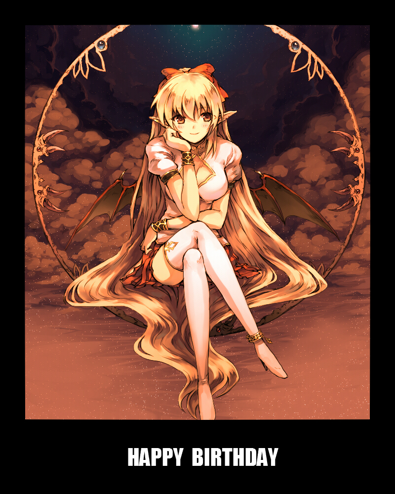 blonde_hair blush boots borrowed_character breasts brown_eyes cleavage cleavage_cutout cloud crossed_legs demon_girl happy_birthday large_breasts legs long_hair long_legs moon night onimaru_gonpei original pointy_ears sitting skirt sky solo star succubus thigh_boots thighhighs thighs very_long_hair white_legwear wings