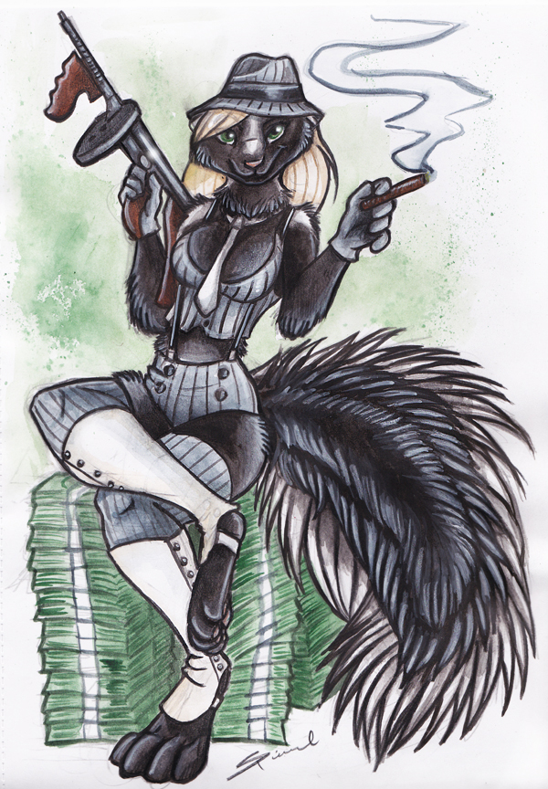 breasts cigar cleavage clothed clothing female gangster green_eyes gun hair hat looking_at_viewer mammal money necktie ranged_weapon shiverz sitting skimpy skunk smoking solo thompson_submachine_gun tommy_gun weapon