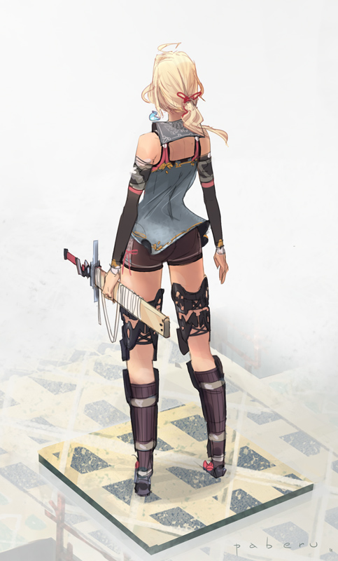 blonde_hair detached_sleeves earrings from_behind jewelry original paberu ponytail short_hair shorts solo standing sword weapon