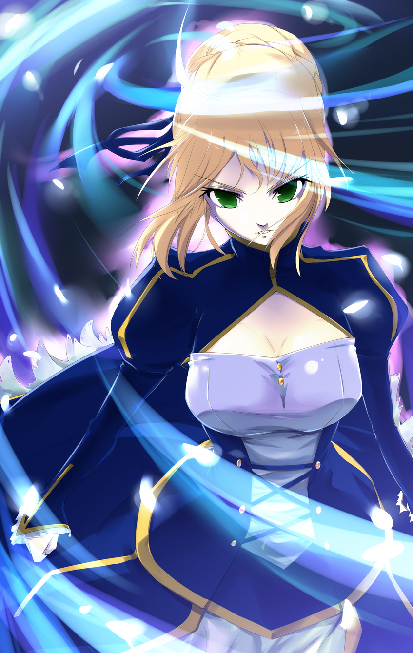 artoria_pendragon_(all) blonde_hair breasts cleavage dress fate/stay_night fate/zero fate_(series) green_eyes hair_ribbon highres initial_f medium_breasts ribbon saber solo