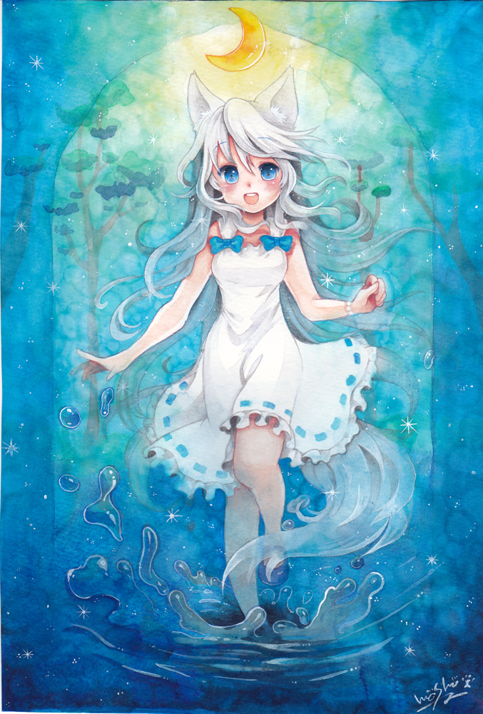 animal_ears bare_shoulders blue_eyes bow crescent_moon dress moon mosho original signature solo tail traditional_media tree water white_dress white_hair