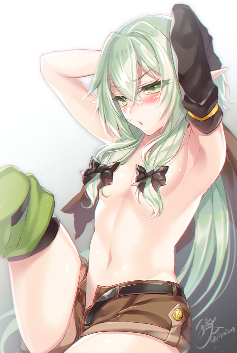2018 blush breasts clothed clothing convenient_censorship elf eyelashes female goblin_slayer green_eyes green_hair hair hair_covering_breasts hair_ribbon high_elf_archer humanoid not_furry piyoizm pointy_ears ribbons shorts small_breasts solo topless