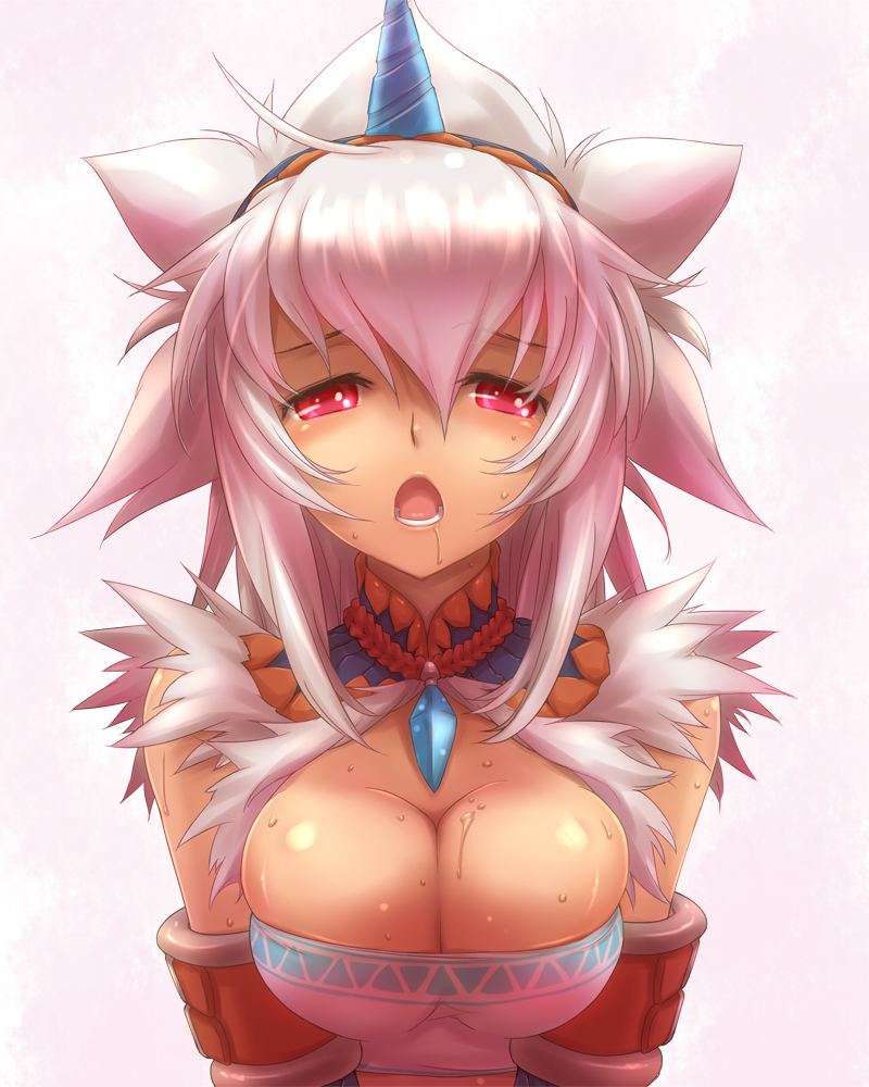 armband armor blush breasts cleavage drooling hairband horn jewelry kirin_(armor) large_breasts monster_hunter necktie open_mouth red_eyes saliva solo sweat tsukigami_chronica white_hair