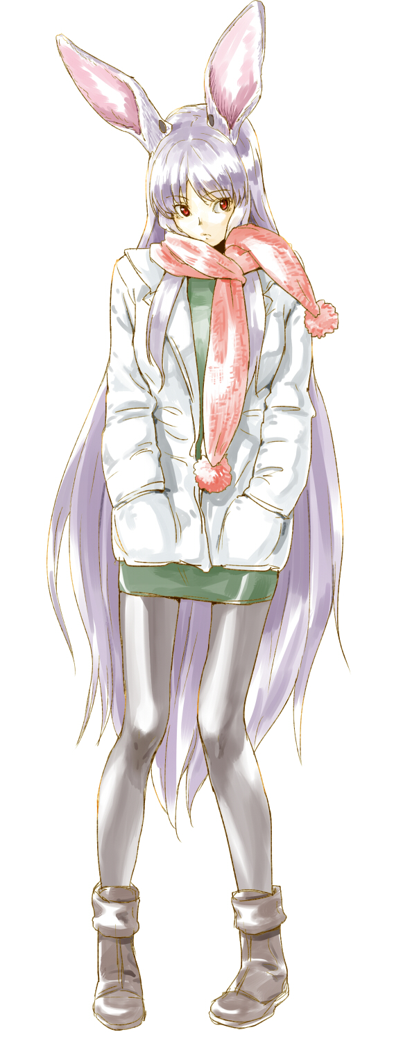 alternate_costume animal_ears black_legwear boots bunny_ears coat contemporary full_body hands_in_pockets highres jacket lavender_hair long_hair miniskirt pantyhose purple_hair red_eyes reisen_udongein_inaba scarf shiba_itsuki simple_background sketch skirt solo touhou very_long_hair white_background