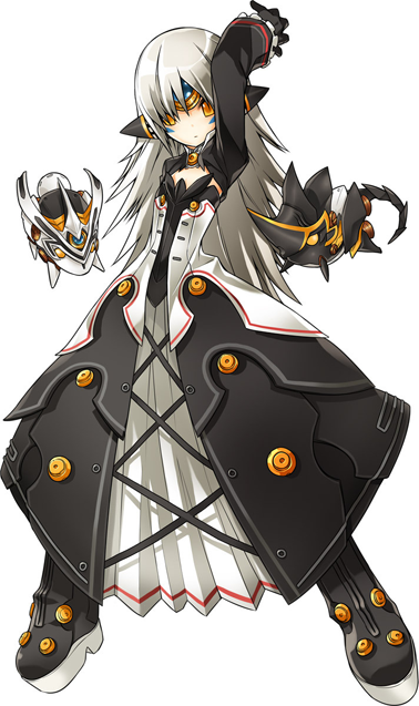 arm_up armor armored_dress boots code:_exotic_(elsword) dress elsword eve_(elsword) expressionless full_body gloves long_hair moby_(elsword) no_nose official_art remy_(elsword) ress silver_hair simple_background solo white_background yellow_eyes