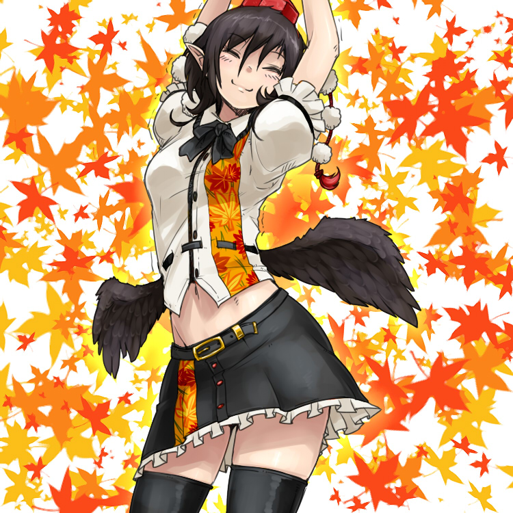 :3 arms_up black_hair black_wings closed_eyes cowboy_shot hat low_wings midriff navel oso_(toolate) pointy_ears revision shameimaru_aya short_hair skirt smile solo stretch thighhighs tokin_hat touhou wings zettai_ryouiki