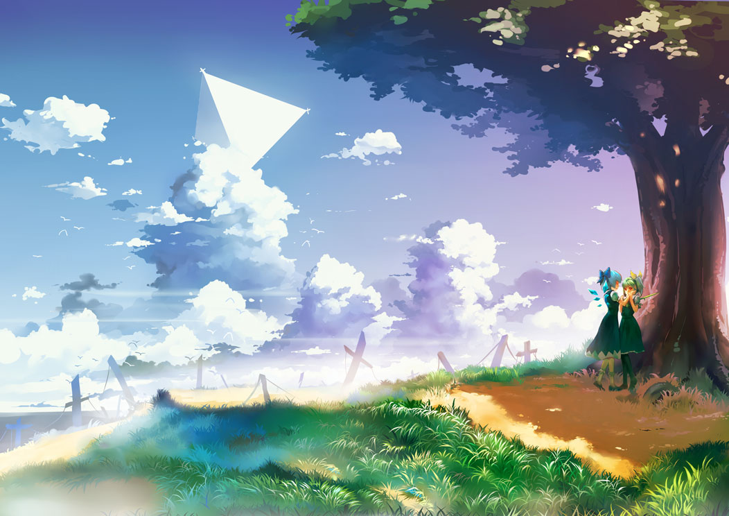 bad_id bad_pixiv_id bird black_legwear blue_dress blue_hair bow cirno cloud daiyousei dress fog fs-project grass green_hair hair_bow hair_ribbon hand_on_another's_cheek hand_on_another's_face holding_hands multiple_girls nature outdoors pantyhose path pole pyramid red_eyes ribbon road scenery shoes short_hair side_ponytail sky touhou tree triangle under_tree white_legwear wings