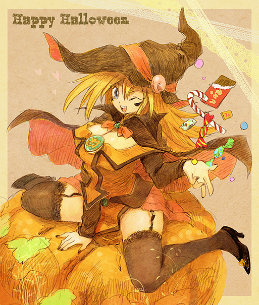alternate_color blonde_hair blue_eyes candy candy_cane cape chocolate dark_magician_girl duel_monster food halloween happy_halloween hat high_heels one_eye_closed pumpkin shoes sitting solo thighhighs wariza witch_hat yuu-gi-ou yuu-gi-ou_duel_monsters yuza