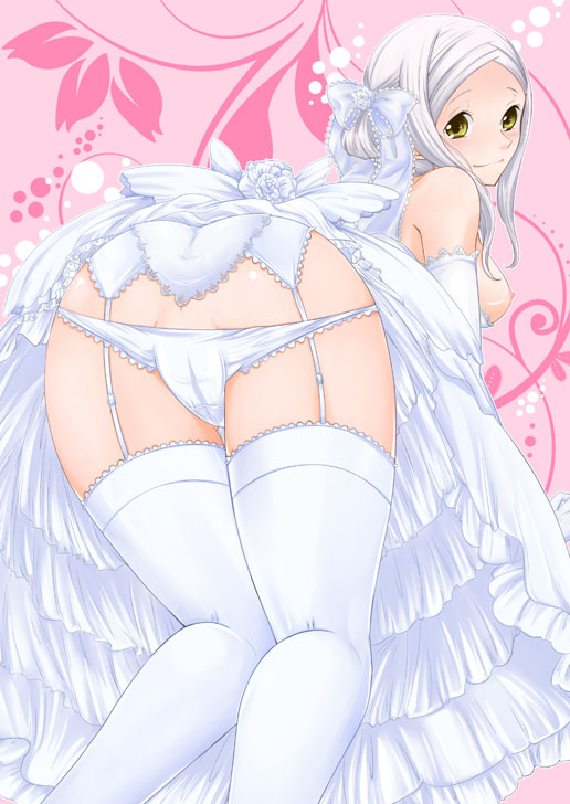 1girl ass behind bent_over blush breasts breasts_outside dress from from_behind gundam gundam_00 invitation looking_back marie_parfacy panties presenting sideboob smile solo soma_peries thighhighs underwear wedding_dress