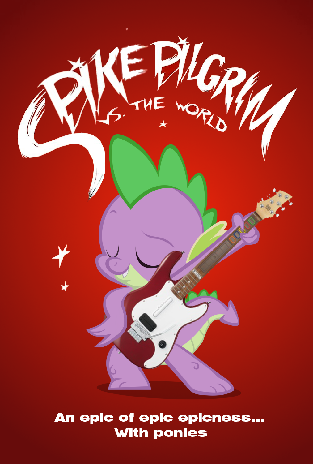 crossover dragon english_text friendship_is_magic guitar_hero male movie_poster my_little_pony plain_background purple_body red_background scalie scott_pilgrim solo spike_(mlp) spines text unknown_artist