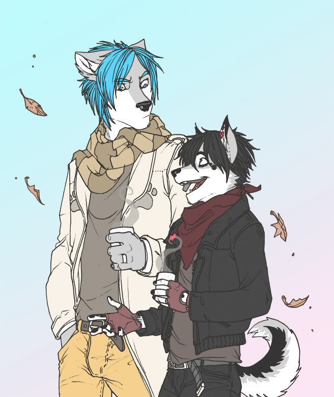 &lt;3 autumn bandanna beauty_mark belt black_hair black_nails black_pants black_pawpads blue_eyes blue_hair canine clothed clothing coffee cup dialog dog ear_markings ear_piercing evilgrinn facial_markings falling_leaves father father_and_son fingerless_gloves friends fur gloves hair hot_drink husky jacket leaf leather_jacket male mammal markings parent pawprint piercing ring scarf son steam tan_pants teenager text trenchcoat walking wedding_ring white_fur wtf_face young