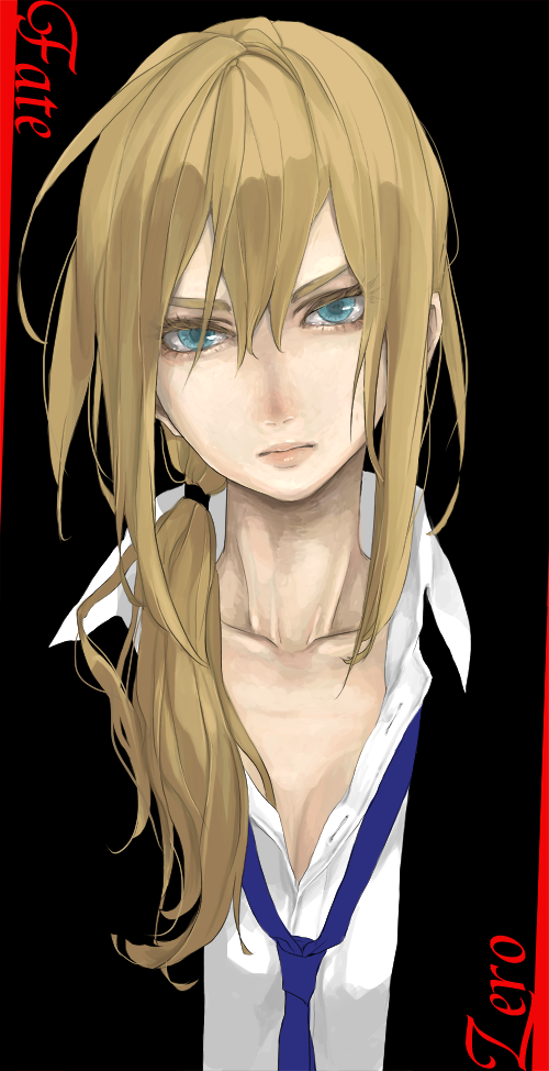 androgynous artoria_pendragon_(all) bangs black_background blonde_hair blue_neckwear bonnou-s-rice breasts cleavage closed_mouth collarbone collared_shirt colored_eyelashes copyright_name dress_shirt fate/zero fate_(series) formal green_eyes hair_between_eyes hair_over_shoulder lips long_hair long_sleeves looking_at_viewer low_ponytail messy_hair necktie open_clothes ponytail realistic reverse_trap saber shirt solo suit upper_body white_shirt