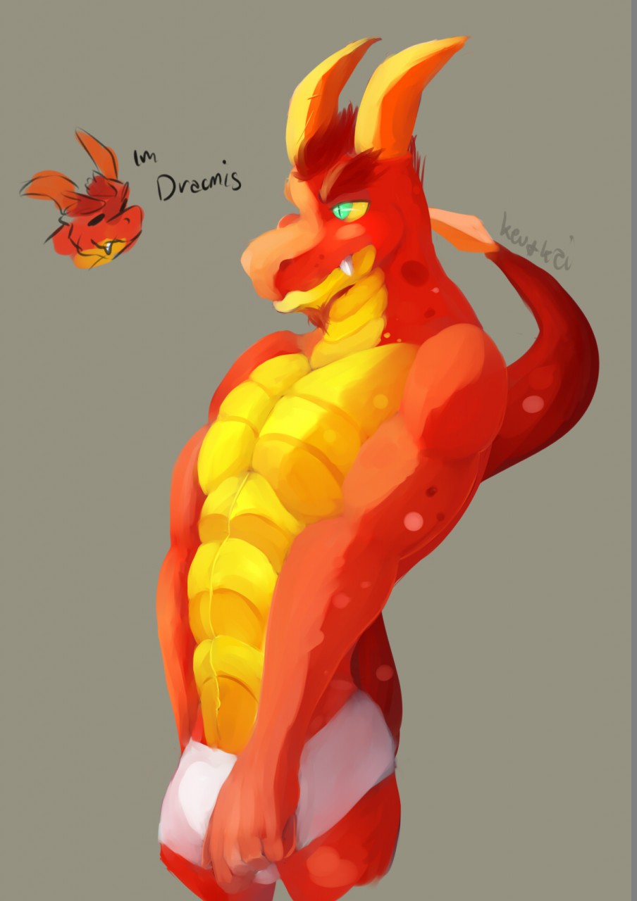 abs anthro clothed clothing crotch_grab dracmis dragon english_text fangs green_eyes grope hair half_portrait horn kevkai male muscular muscular_male partially_clothed pecs red_hair red_scales scales sketch solo standing text underwear yellow_scales