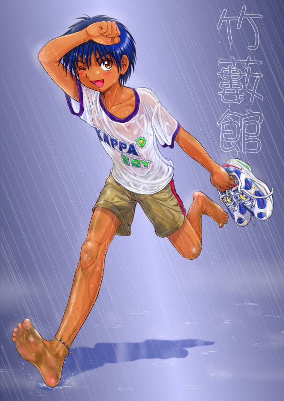 1boy barefoot blue_hair blush brown_eyes child dirty_feet feet male male_focus one_eye_closed open_mouth outdoors outside rain running see-through shoes shorts shota smile sneakers soles solo takenokoya tan toes wet wink yaoi