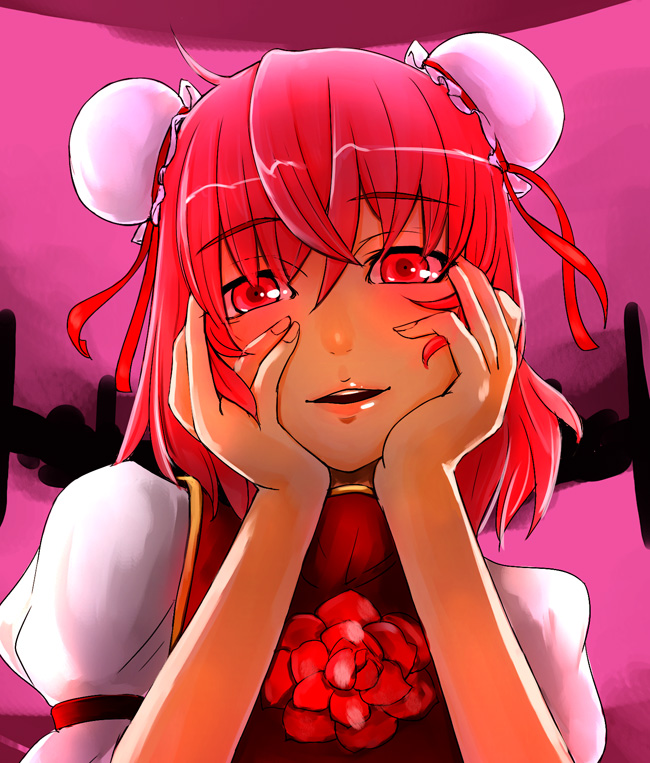 bun_cover double_bun error flower hands_on_own_cheeks hands_on_own_face ibaraki_kasen open_mouth parody pink_eyes pink_hair red_flower red_rose rose short_hair solo touhou tsuan yandere_trance