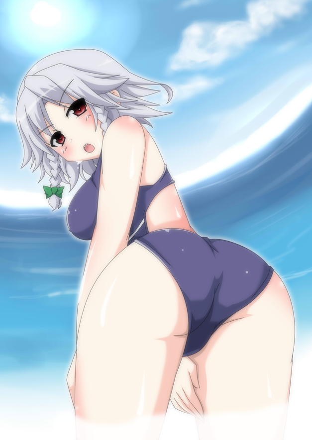 ass bare_shoulders beach bent_over blush braid breasts cloud day from_behind grey_hair izayoi_sakuya looking_back masiromu medium_breasts ocean one-piece_swimsuit outdoors red_eyes sky solo swimsuit touhou twin_braids