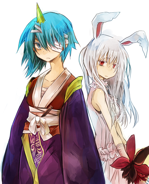 animal_ears bandages blue_eyes blue_hair copyright_request fan flower frills fujiwara_akina horn japanese_clothes kimono long_hair multiple_girls one-eyed red_eyes short_hair white_hair