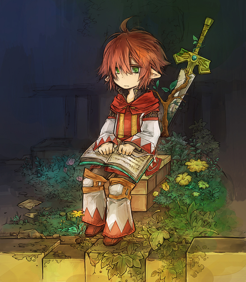 book elf elvaan final_fantasy final_fantasy_xi flower fujiwara_akina green_eyes male_focus pointy_ears red_hair solo sword weapon white_mage