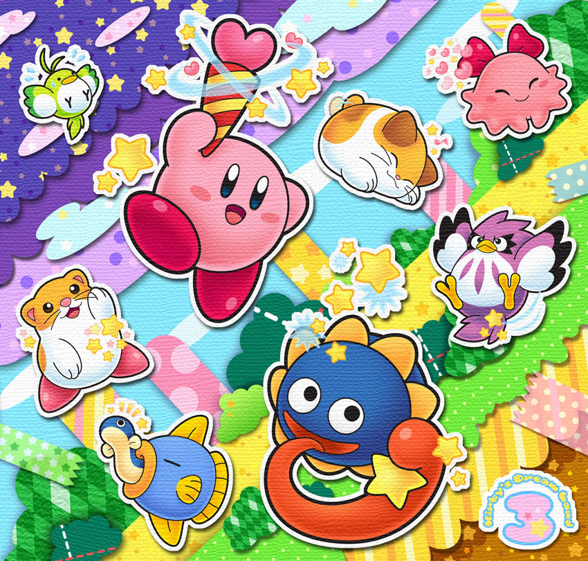 arm_up bad_id bad_pixiv_id blue_eyes blue_sky blush chuchu_(kirby) coo_(kirby) copy_ability field flying gooey gooey_(darkmatter) grass heart kine_(kirby) kirby kirby's_dream_land_3 kirby_(series) nago_(kirby) no_humans open_mouth outdoors pitch_(kirby) plant rick_(kirby) sky smile star wand