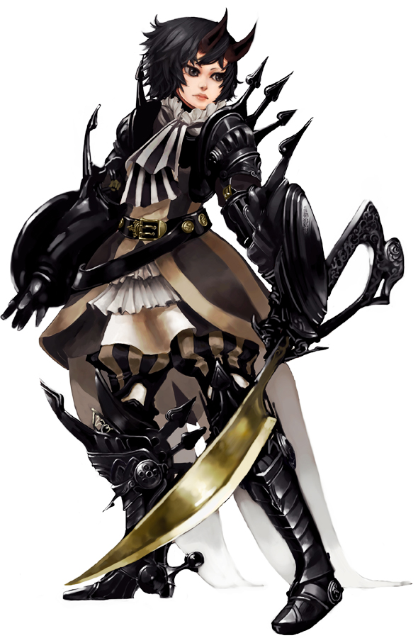 armor bad_id bad_pixiv_id black_eyes black_hair demon_girl dress h@ruichi horns pixiv_fantasia shield solo sword weapon