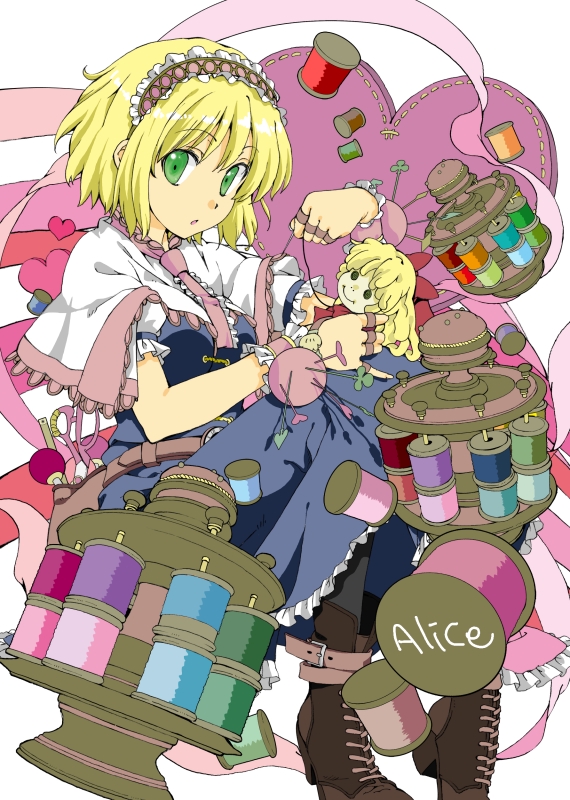aka_ringo alice_margatroid alternate_hair_color bad_id bad_pixiv_id blonde_hair boots capelet character_name colorized doll dress green_eyes hairband holding_needle kabitta_jersey needle open_mouth pincushion scissors sewing sewing_kit short_hair solo spool thread touhou wrist_cuffs
