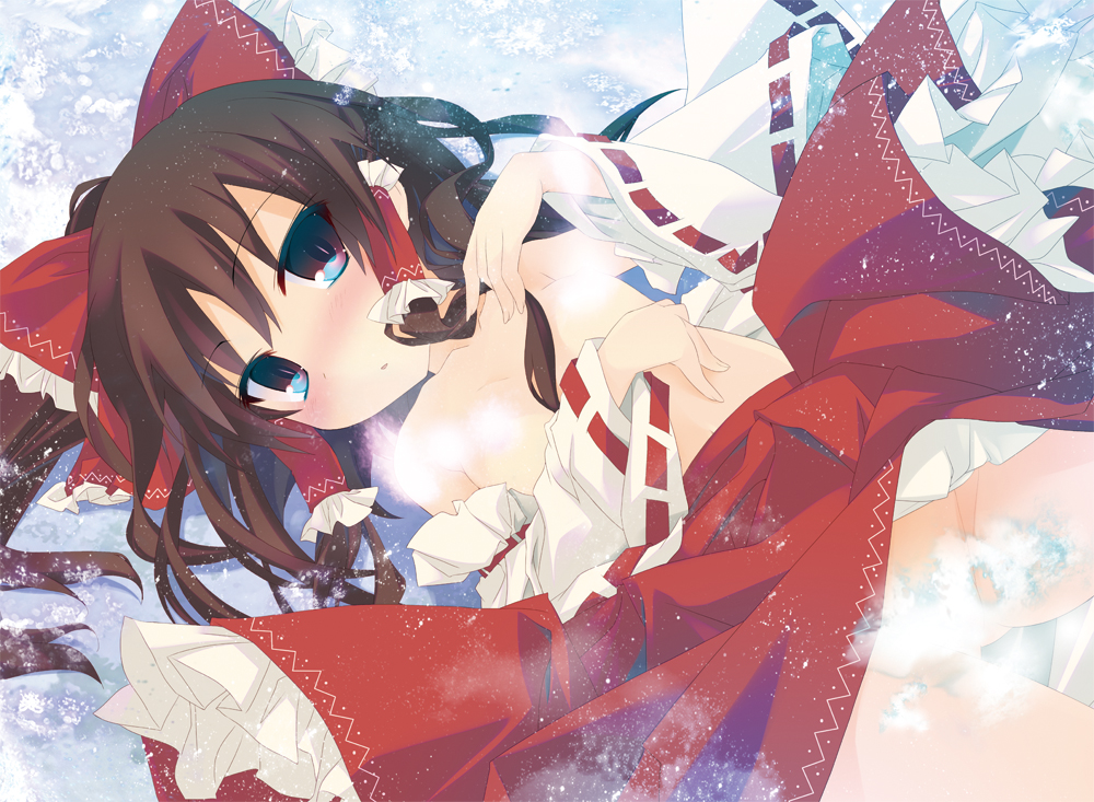 blush bow breasts brown_eyes brown_hair censored convenient_censoring detached_sleeves hair_bow hair_tubes hakurei_reimu hand_in_hair lying no_panties on_back ponytail skirt small_breasts solo topless tororo touhou upskirt